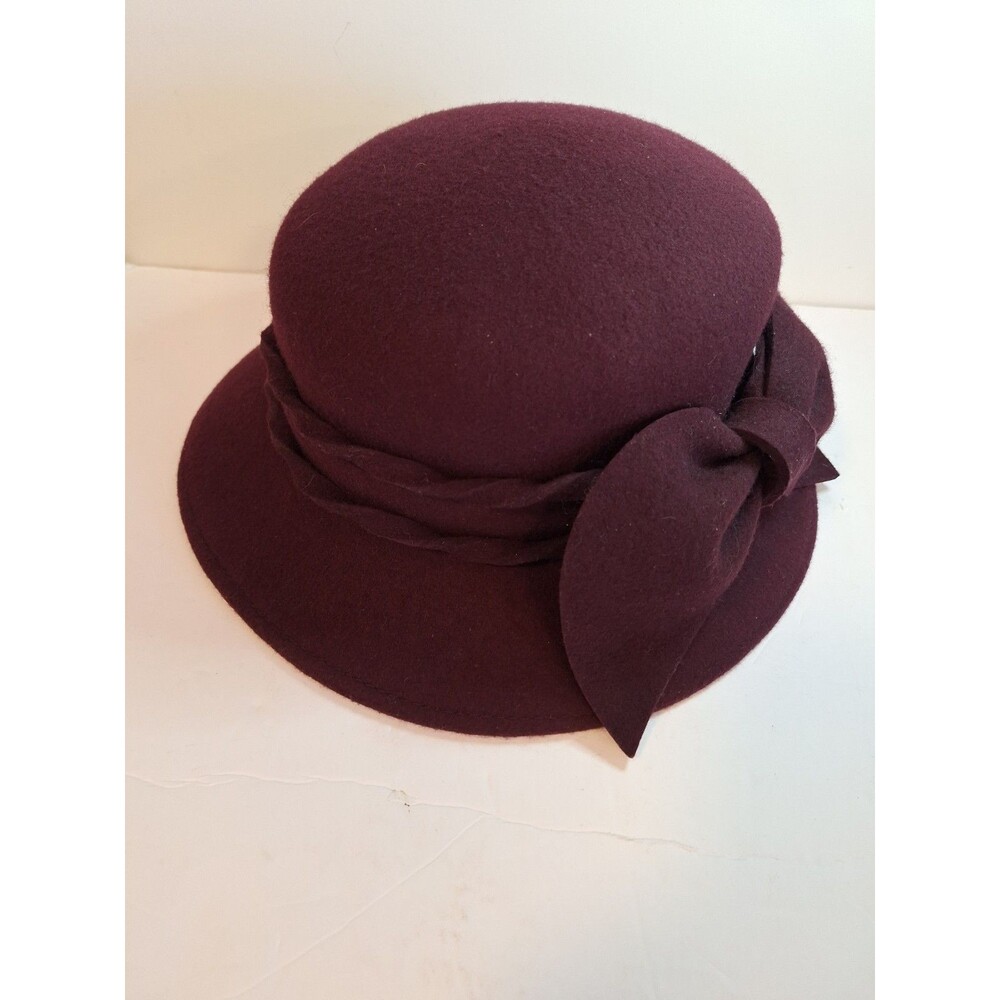 Liz Claiborne 100% Wool Cloche Wide Brim Bow & Rope Detail Burgundy Hat Vintage
